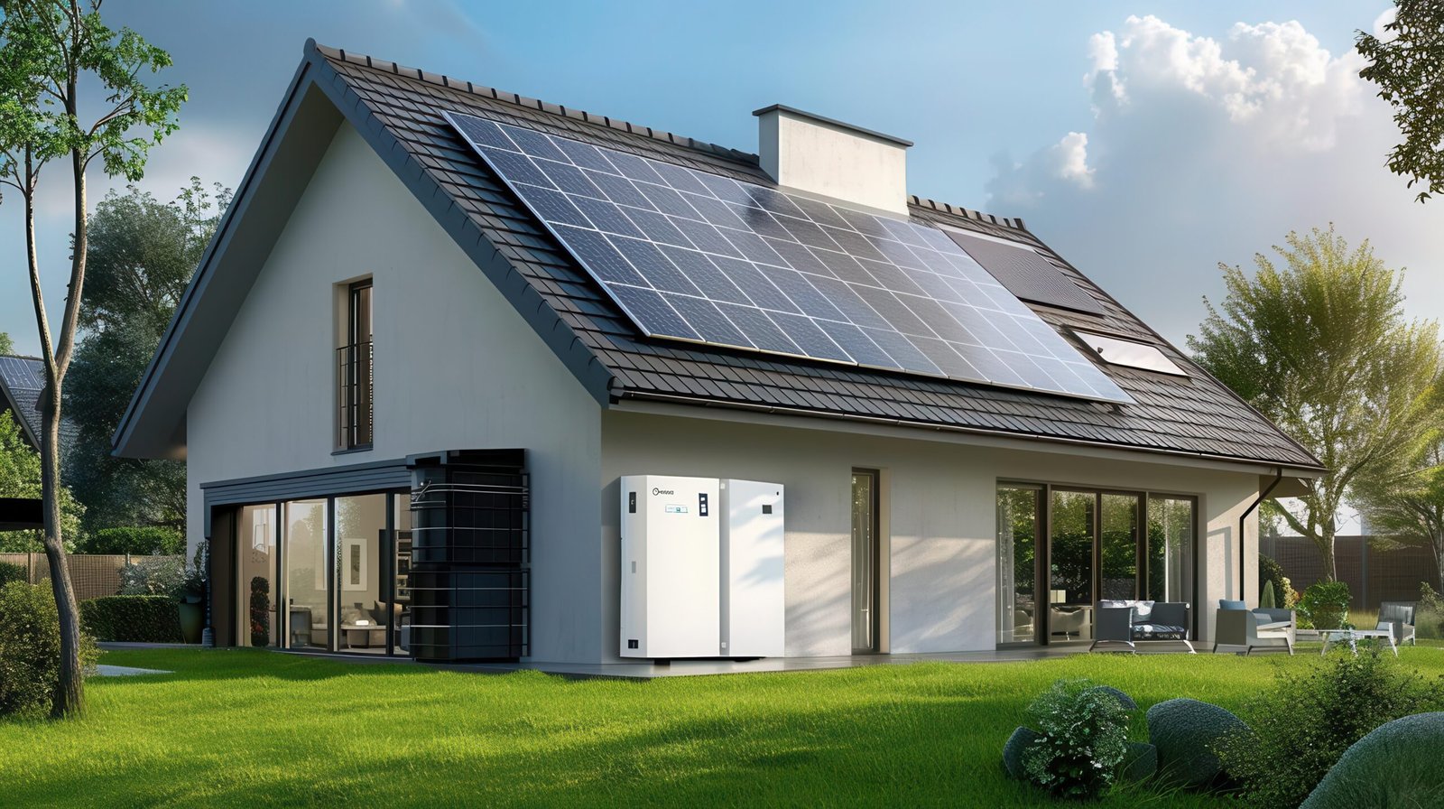 A modern house with solar panels installed on its roof under a sunny sky