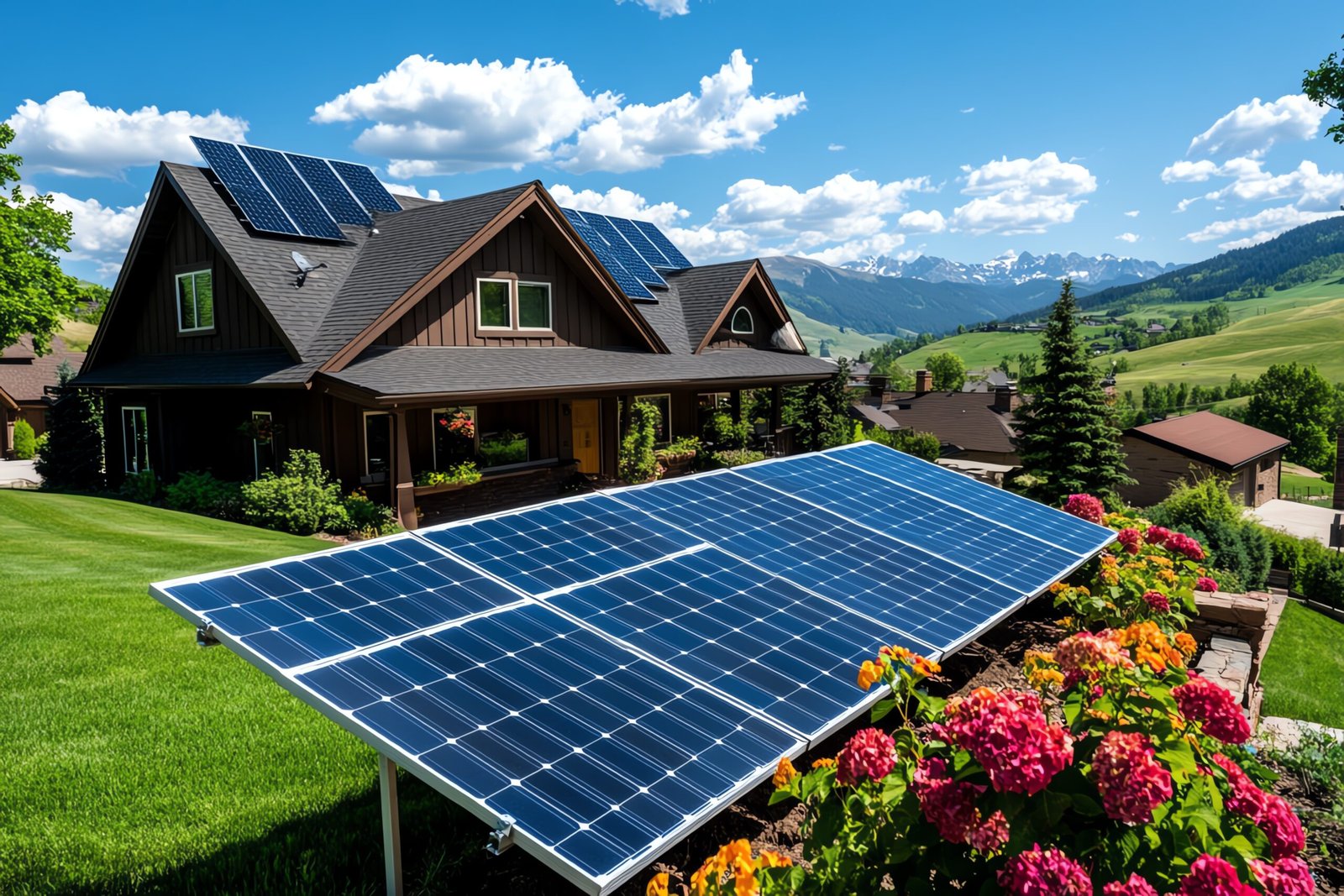 A modern house with solar panels installed on its roof under a sunny sky