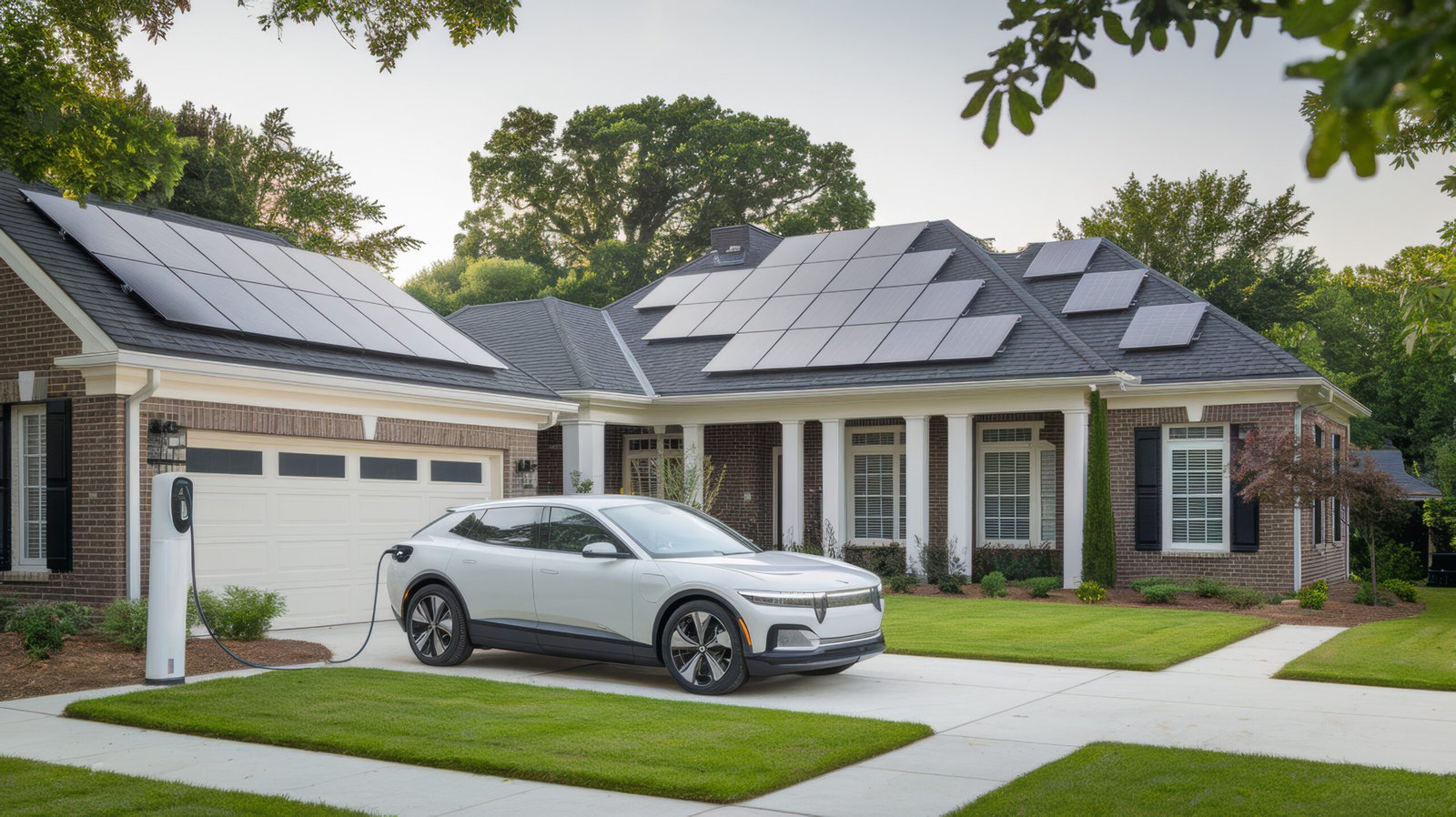 A modern home with solar panels on the roof, charging an electric vehicle (EV) parked in the driveway