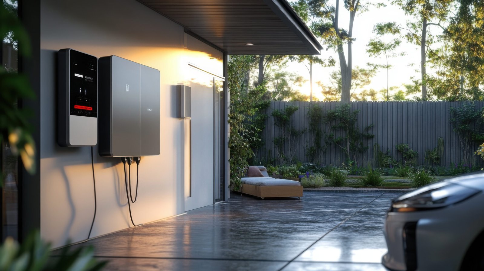 A sleek solar battery system installed on a wall in a modern home by AP Sun Energy, with a glowing indicator light and solar panels visible in a garage