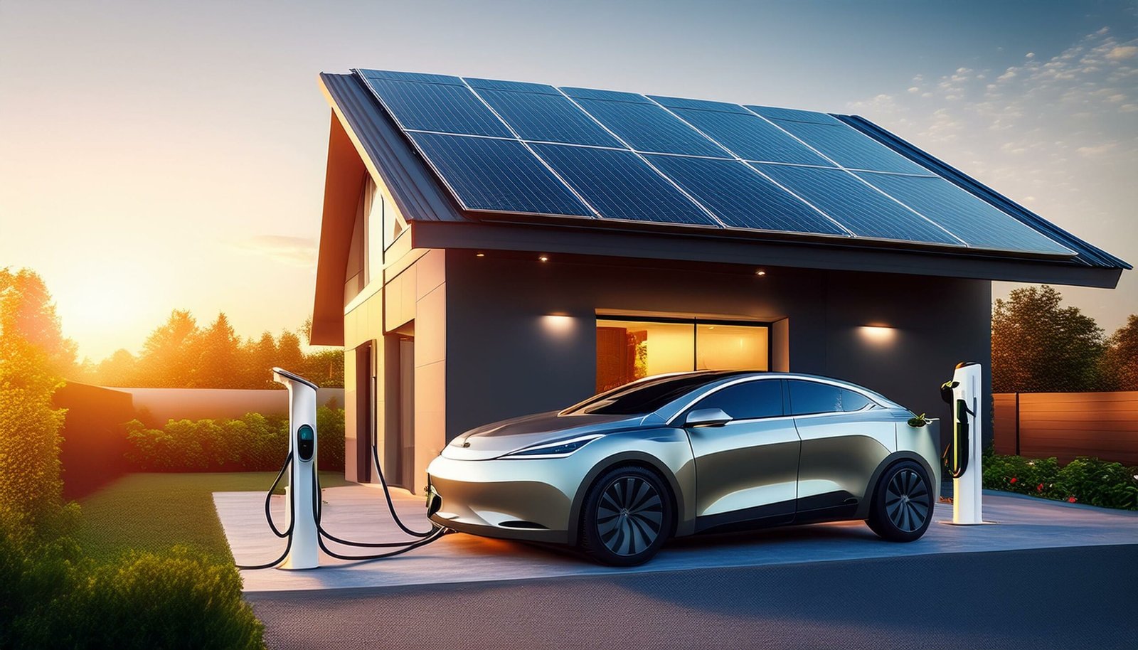 A modern house with solar panels on the roof charging an electric vehicle in the driveway, showcasing clean and renewable energy solutions.