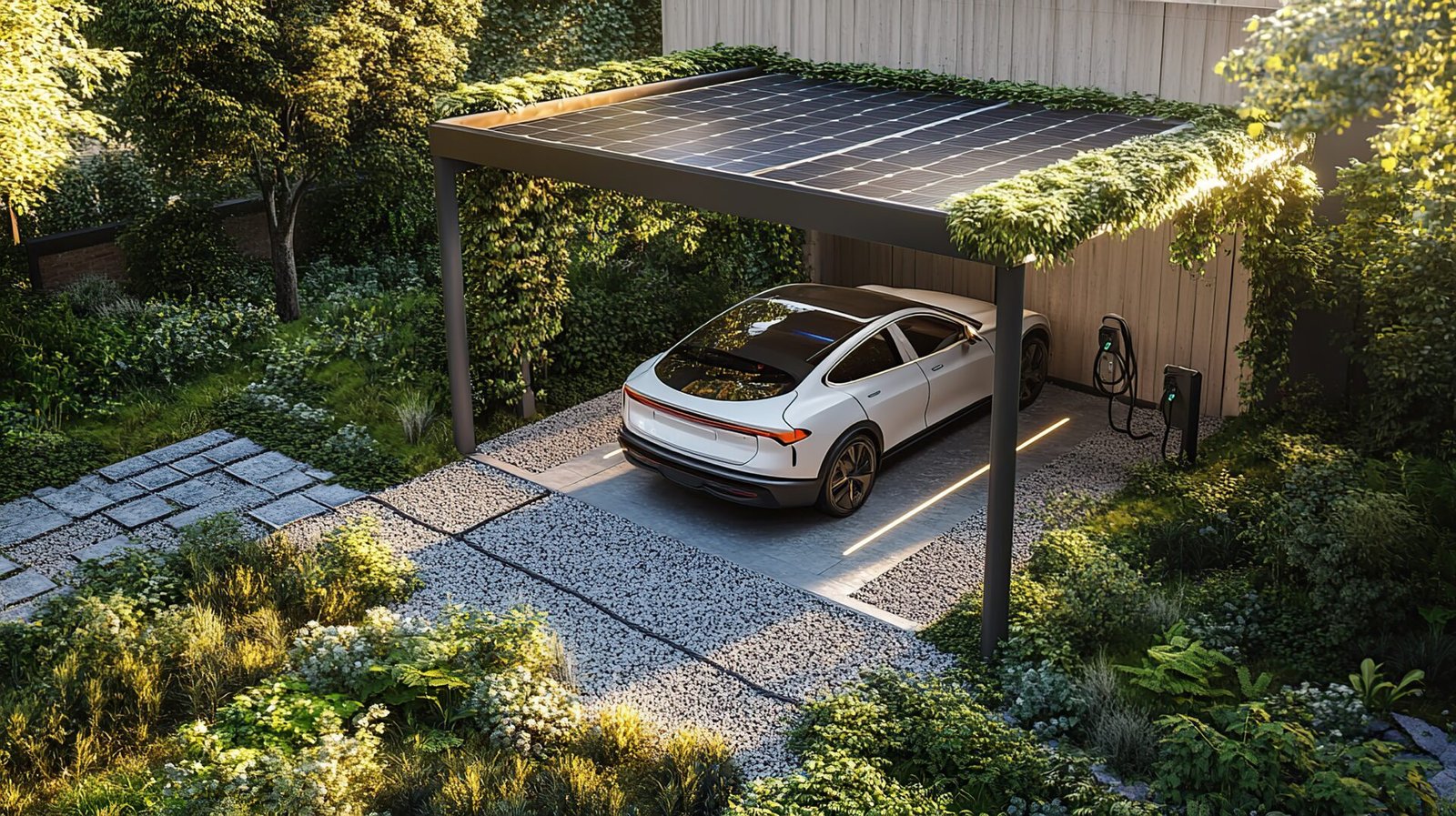 Electric car charging at a solar-powered station surrounded by greenery --chaos 10 --ar 16:9 --v 6.1 Job ID: 87624b0a-4e2d-4d94-a054-904334622646